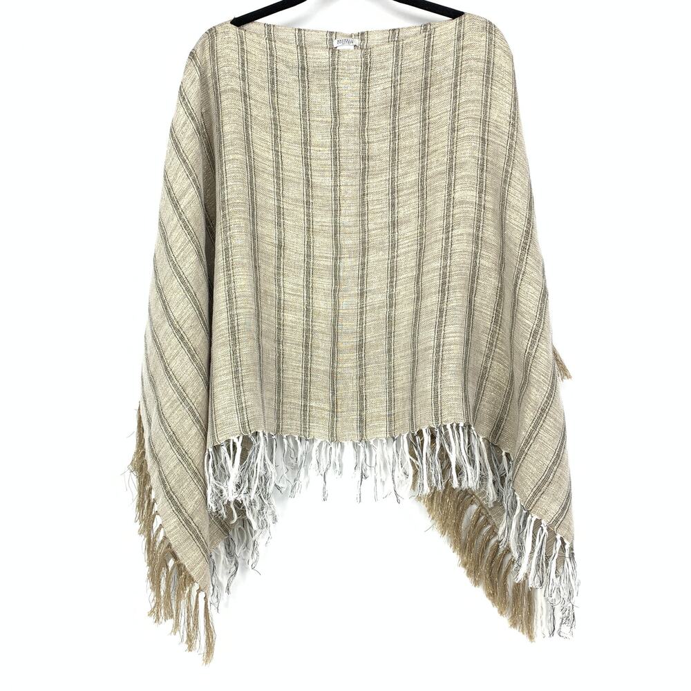 Brunello Cucinelli Women's OS Striped Crew Neck Fringe Poncho Desert Linen NEW